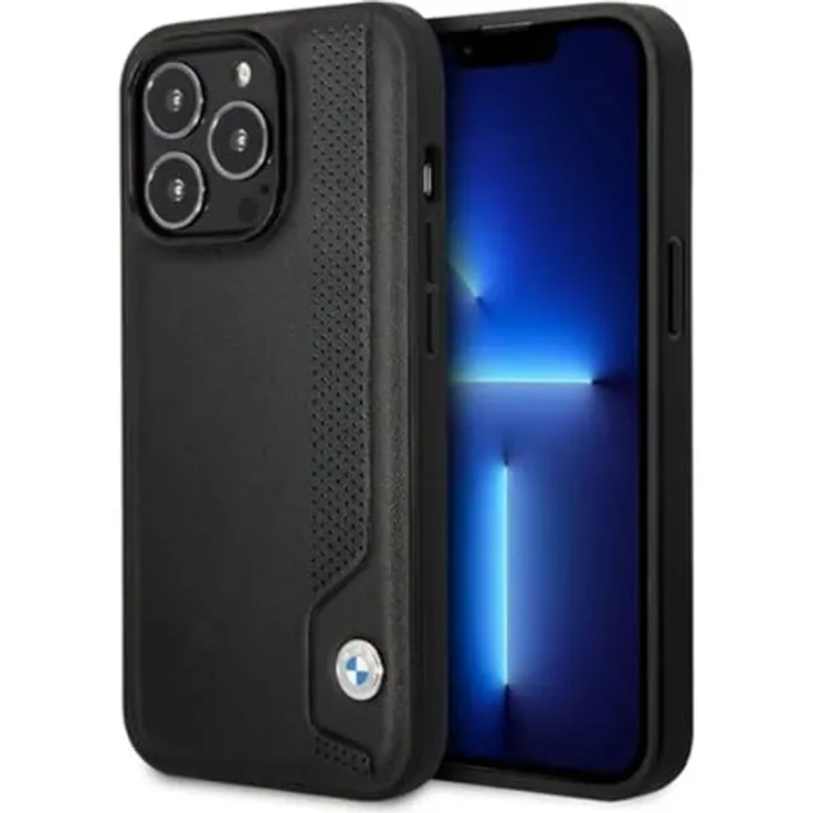 BMW BMHCP14L22RBDK, iPhone 14 Pro 6.1" Handyhülle aus Leder mit blauen Punkten, schwarz/schwarz