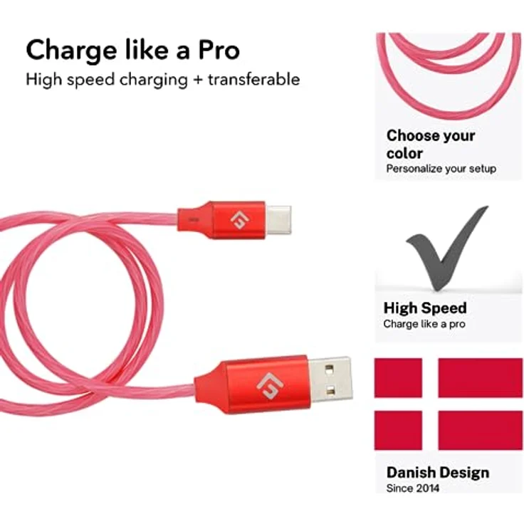 Floating Grip 0,5M LED USB-C Kabel (Rot), schnelles Datenkabel mit USB-C und USB-A Anschlüssen, robuste Bauform mit integrierter LED-Beleuchtung – Bild 2