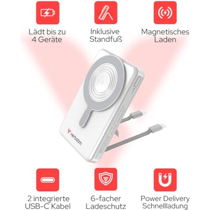 Verbatim Charge 'n' Go MagSafe Powerbank 10000mAh [Silber], 15W kabelloses Laden, PD 22,5W Schnellladung, klappbarer Ständer für iPhone 17/16/15 Pro, inkl. 2 USB-C Kabel – Bild 2