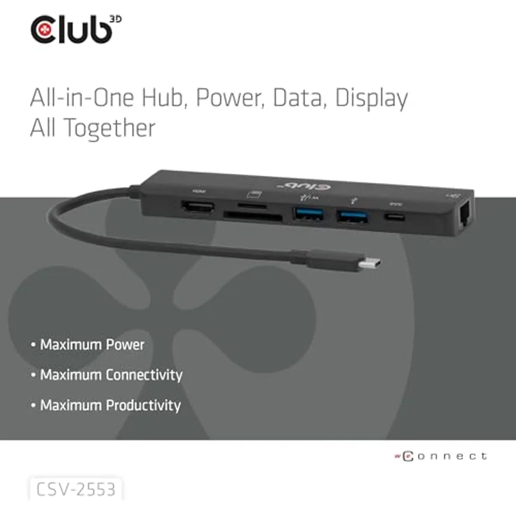 club3D CSV-2553, USB-C® Dockingstation mit 7 Ports, HDMI™, 2x USB-A, Gigabit Ethernet und integriertem Kartenleser, Power Delivery bis 100W – Bild 3