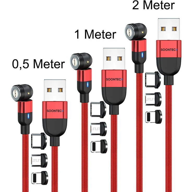 SOONTEC Magnet Ladekabel 3er Set, drehbar 360°&180°, 0,5m+1m+2m, 3 Stecker Micro USB/USB-C/Lightning, 3,0 A, rot