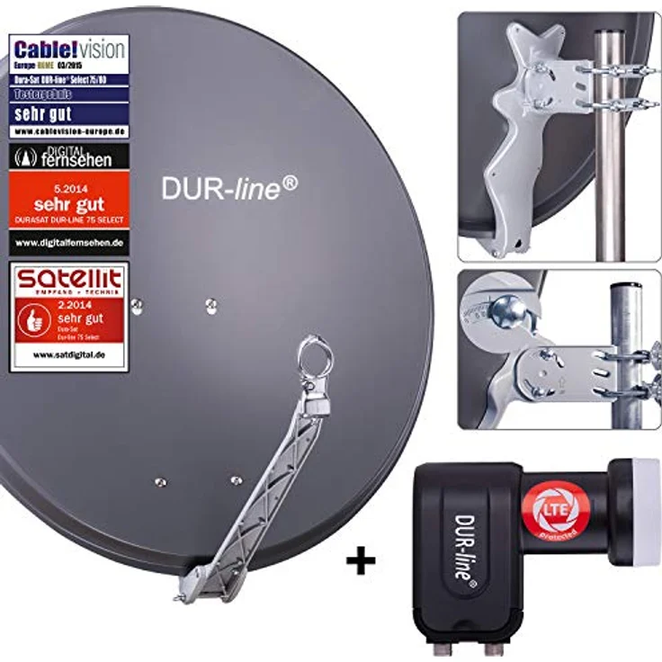 DUR-line 2 Teilnehmer Set - Qualitäts-Alu-Satelliten-Komplettanlage - Select 75/80cm Spiegel/Schüssel Anthrazit + Twin LNB - für 2 Receiver/TV [Neuste Technik, DVB-S2, 4K, 3D] – Bild 2