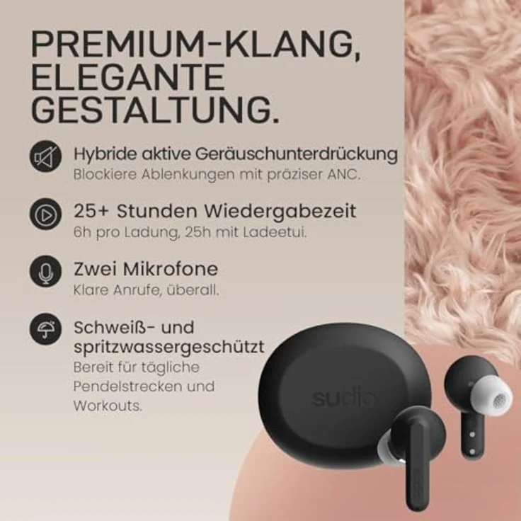 sudio A3 Pro, True Wireless Kopfhörer mit Noise Cancelling, Bluetooth 5.4, 25h Spielzeit, USB-C Ladecase, Schwarz – Bild 3