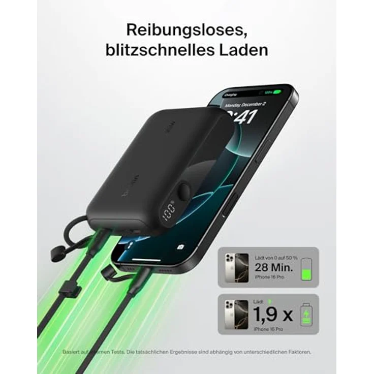 Belkin Powerbank 10.000 mAh, Powerbank mit 2 USB-C-Anschlüssen und digitaler Akkuanzeige, 20 W Leistung für iPhone 16/15, Samsung Galaxy S25/S24, Pixel 9, iPad – Schwarz – Bild 3