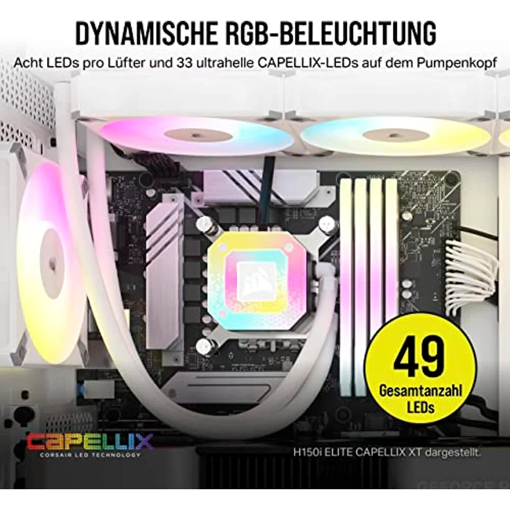 Corsair iCUE H100i Elite CAPELLIX XT Flüssig-CPU-Kühler - Zwei AF120 RGB Elite-Lüfter - 240-mm-Radiator - Intel LGA 1700, 1200, 115X, 2066, AMD AM5, AM4 - Inklusive iCUE Commander CORE - Weiß – Bild 4