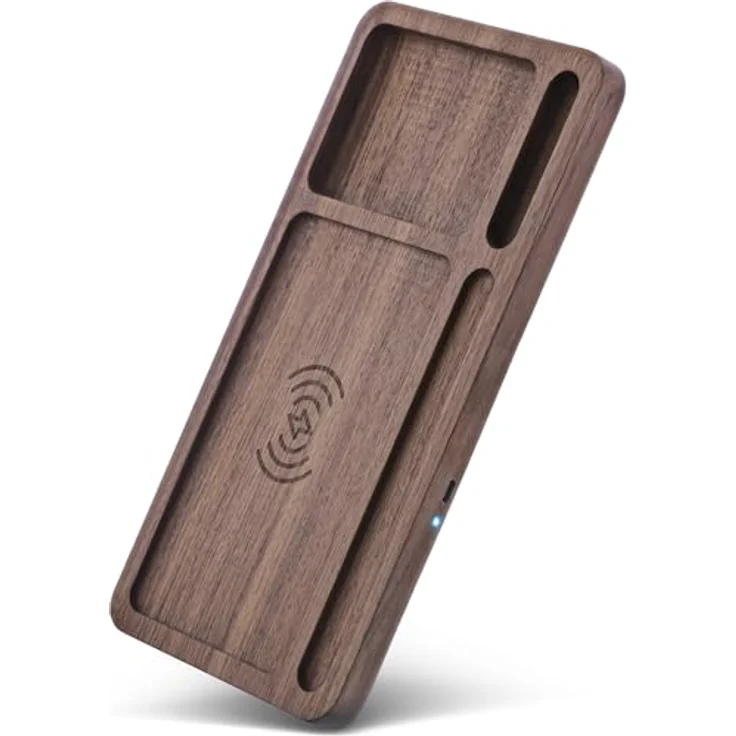 InLine® WoodCharge Organizer mit integrierter Qi-Ladefläche aus Walnuß-Holz - Kabelloses Laden und praktische Stauraumflächen – Bild 2
