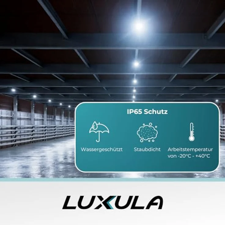 LUXULA Hallenstrahler LED Hallenleuchte 200W, 20000lm, Lichtfarbe einstellbar 3000K, 4000K, 6500K - IP65 IK08 - UFO Lampe High Bay Hallentiefstrahler, flexibel einsetzbar, wasserfest, robust - in verschiedenen Lichtfarben erhältlich – Bild 3