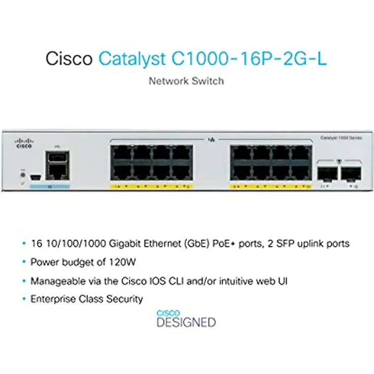 Cisco Catalyst 1000-16P-2G-L Netzwerk Switch, 16 GbE PoE+ Ports, 120W PoE Budget, 2 1G SFP Uplink Ports, lüfterloser Betrieb, erweiterte eingeschränkte Lebenszeitgarantie (C1000-16P-2G-L) – Bild 3