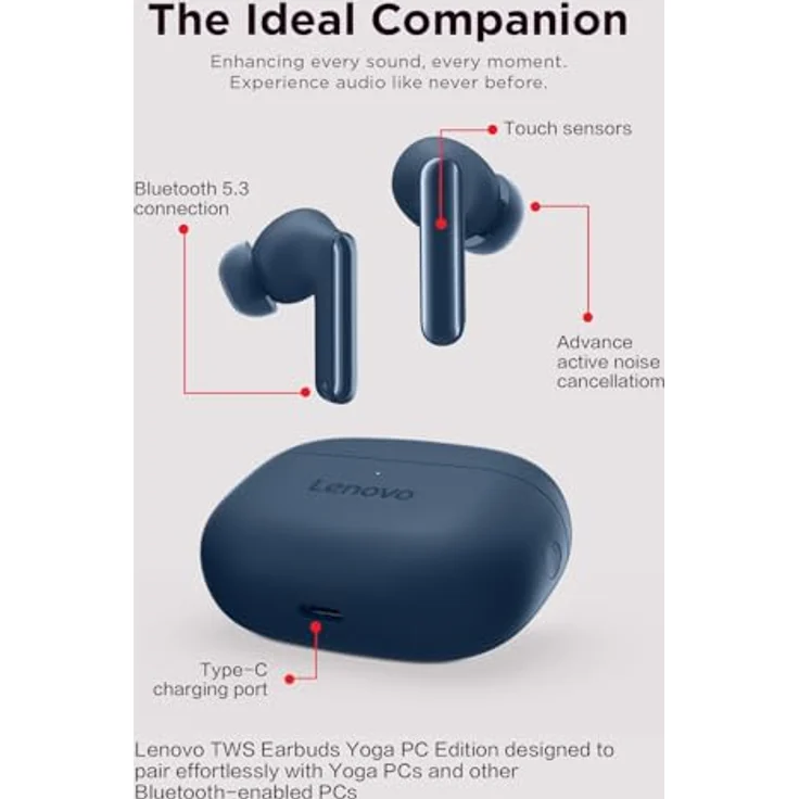 Lenovo Yoga True Wireless Stereo Earbuds, ANC Kopfhörer mit 36 h Akkulaufzeit, Kabellos, Blau – Bild 6