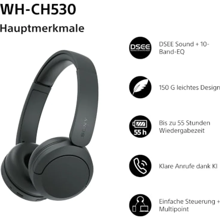 Sony WH-CH530, Kabellose Kopfhörer mit klarer Klangqualität, Schwarz – Bild 2