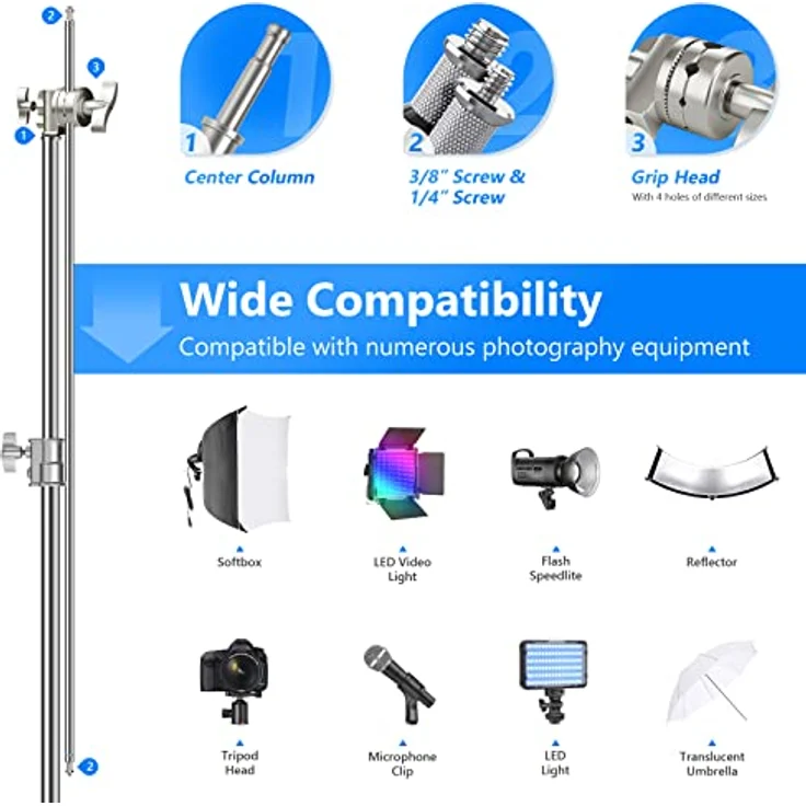 Neewer Pro 100% Metall Max Höhe 10ft / 305cm verstellbarem Reflektor Ständer mit 4 Fuß / 120cm Halter Arm und 2 Griff Kopf für Fotografie Studio-Video-Reflektor, Monolight und andere Ausrüstung – Bild 4