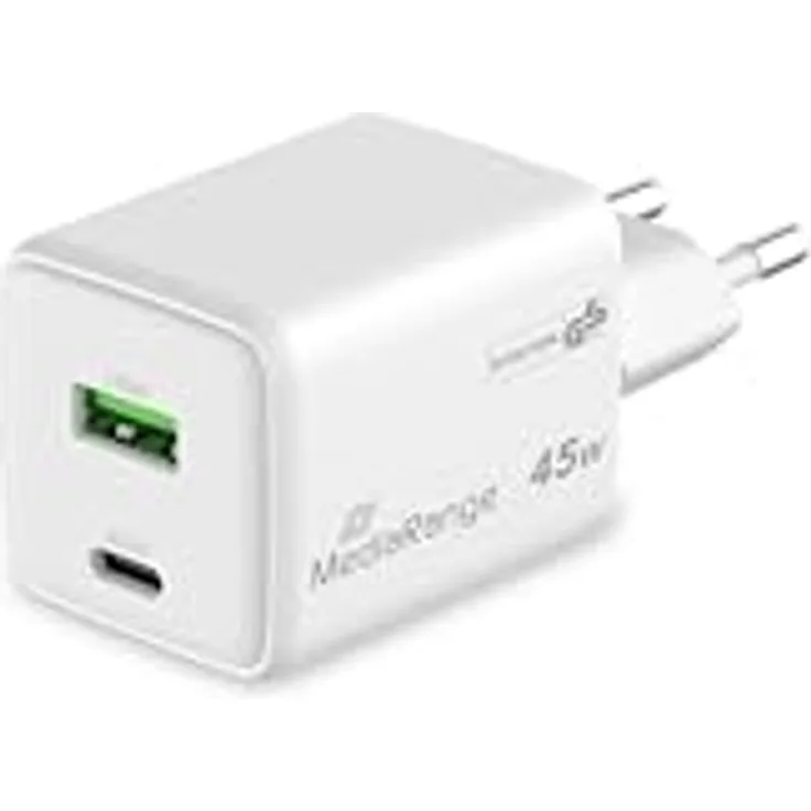 MediaRange 45W GaN Schnellladeadapter (EU-Stecker) unterstützt USB-C® Power Delivery und Quick Charge™, Weiß