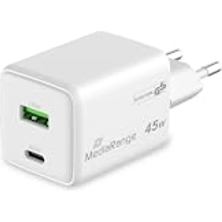 MediaRange 45W GaN Schnellladeadapter (EU-Stecker) unterstützt USB-C® Power Delivery und Quick Charge™, Weiß – Bild 1