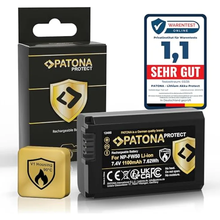 PATONA Protect NP-FW50, 1100mAh Kamera-Akku für Sony Alpha 7, 7R, 7II, 7S, A5000, A6000, A6300, A6400, ZV-E10, mit Überladungsschutz und langer Akkulaufzeit