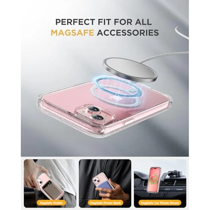 Miracase Schutzhülle für iPhone 15, MagSafe-kompatible, 360°-Hülle mit 9H gehärtetem Glas, Anti-Fingerabdruck-Schutz und Kameraobjektivschutz, klarer Glitzer – Bild 3