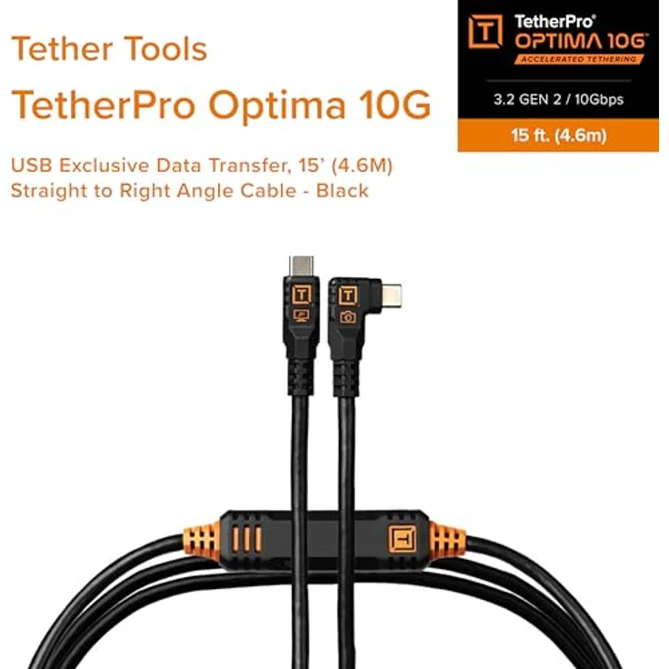 Tether Tools TetherPro Optima Exklusive USB-Datenübertragungskabel, 10 Gbit/s, 4,6 m, gerade auf rechtwinklig, Schwarz – Bild 2