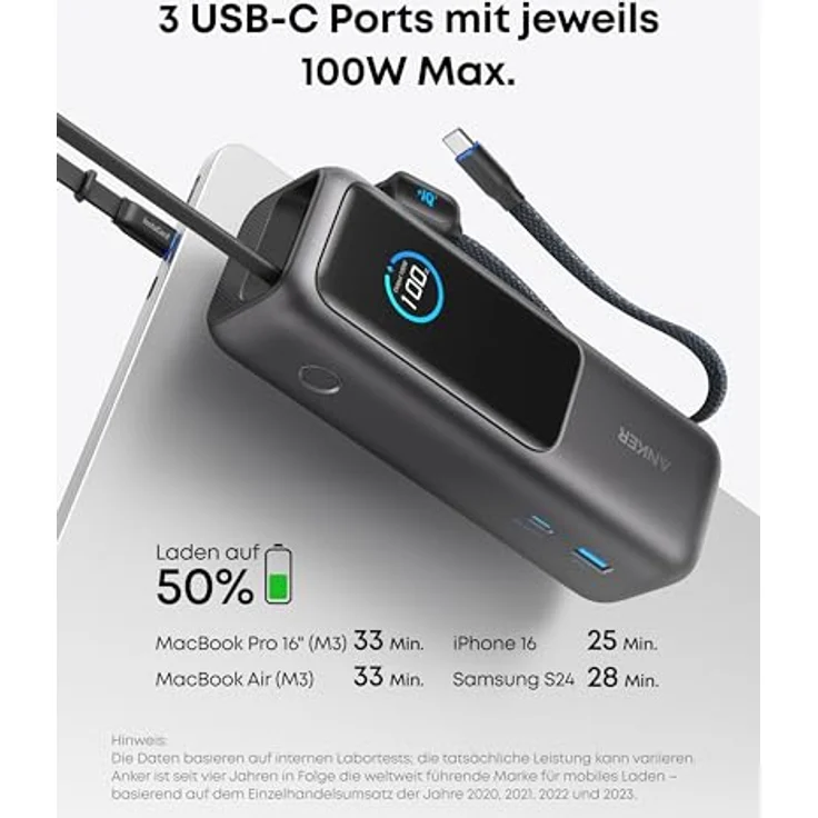 Anker Laptop Powerbank, 25.000mAh externer Akku mit 3X 100W USB-C Ports, Integriertes + einziehbares Kabel, Für iPhone 16/15, MacBook, Samsung - Schwarz – Bild 2