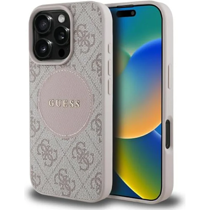 CG MOBILE Guess 4G Circle Classic Logo Hardcase-Hülle aus TPU/PC/Leder, kompatibel mit MagSafe für iPhone 16 Pro, Rosa – Bild 1