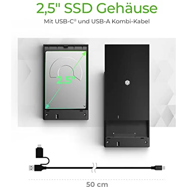 ICY BOX USB-C Festplattengehäuse für 2, 5 Zoll SSD/HDD mit USB 3.0 (5 Gbit/s), Externes SATA Gehäuse, Werkzeuglos, SSDs bis 9, mm Höhe, USB-A Adapter, IB-200T-C3, Schwarz – Bild 2