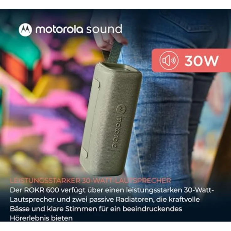 Motorola ROKR 600, kabelloser Bluetooth-Lautsprecher mit 30-W-Sound, IP67 wasser- und staubabweisend, Broadcast-Funktion für 20+ Lautsprecher, 6 Stunden Spielzeit, Grün – Bild 3