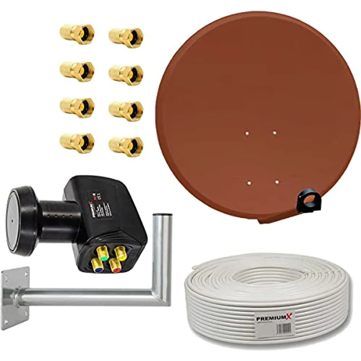 PremiumX PXS80 SAT-Anlage, 80 cm Antenne in Ziegelrot mit Quad LNB und 50m Kabel, HD/UltraHD tauglich – Bild 1