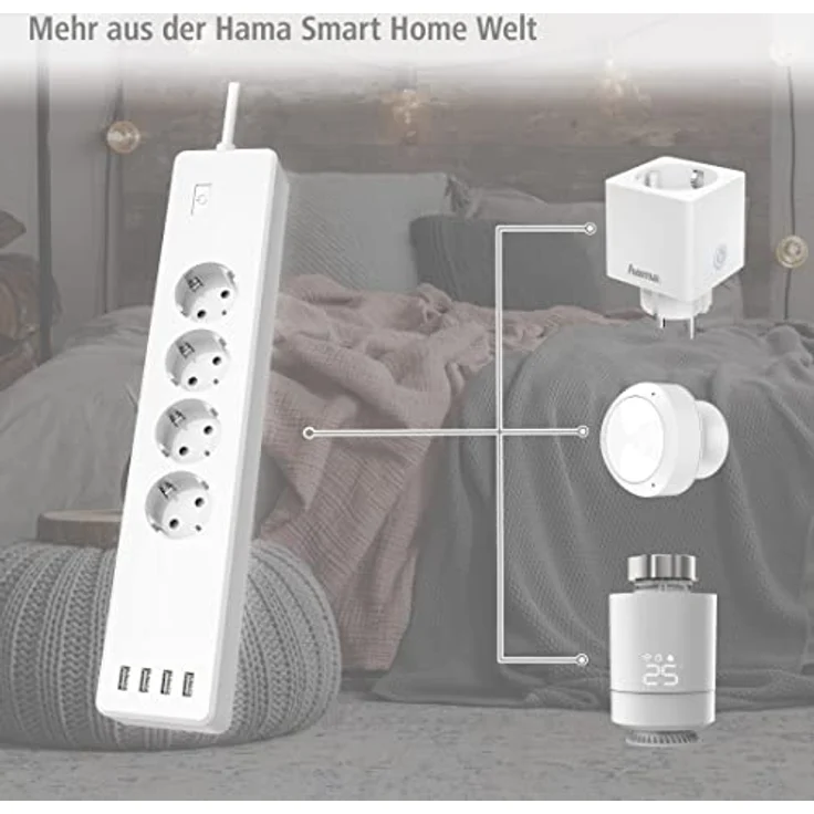 Hama Intelligente WLAN-Steckdosenleiste (Steckdosenleiste mit 4 USB-Steckdosen, 10 A + 4 USB, 2300 W, programmierbar über App, 1,7 m, Steckdosen Alexa Google Home, elektrische Messung, ohne Hub) Weiß – Bild 4