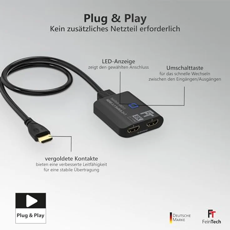 FeinTech SW211 HDMI 2.1 Switch 4k 120Hz 2 In 1 Out oder 1 In 2 Out Bi-Direktional mit integriertem HDMI-Kabel, 8K, 48 Gbps, HDMI Verteiler, HDMI Splitter, Unterstützt HDR, VRR, ALLM und Dolby Vision – Bild 4