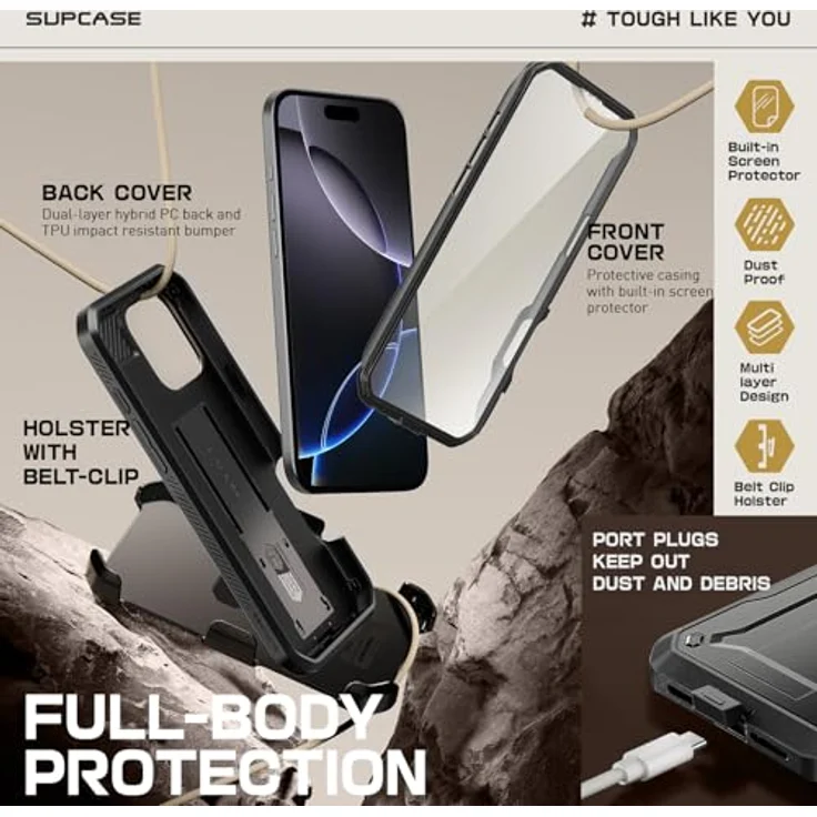 SUPCASE iPhone 16 Pro Hülle 6.3” [Unicorn Beetle Pro] Outdoor Handyhülle mit Displayschutz, Ständer und Gürtelclip (Schwarz) – Bild 5