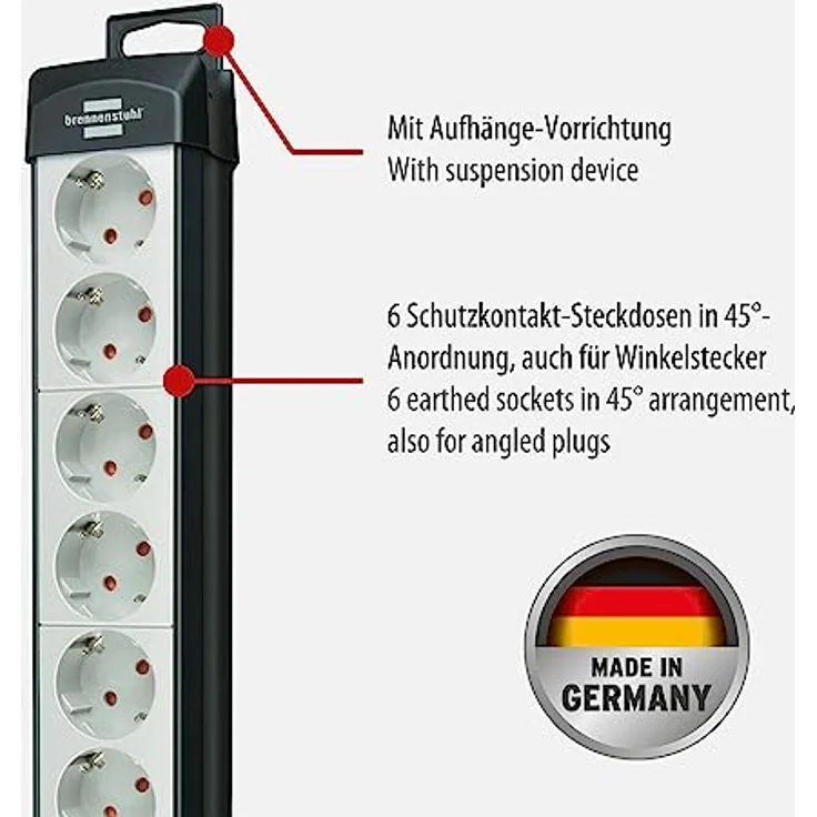 Brennenstuhl Premium-Line, Steckdosenleiste 6-fach (Steckerleiste mit Schalter und 3m Kabel - 45° Anordnung der Steckdosen, Made in Germany) schwarz-grau – Bild 2