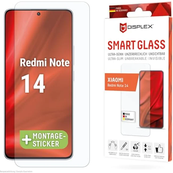 Displex Smart Glass (9H) für Xiaomi Redmi Note 14, Montagesticker, unzerbrechlich, ultra-dünn, unsichtbar – Bild 1