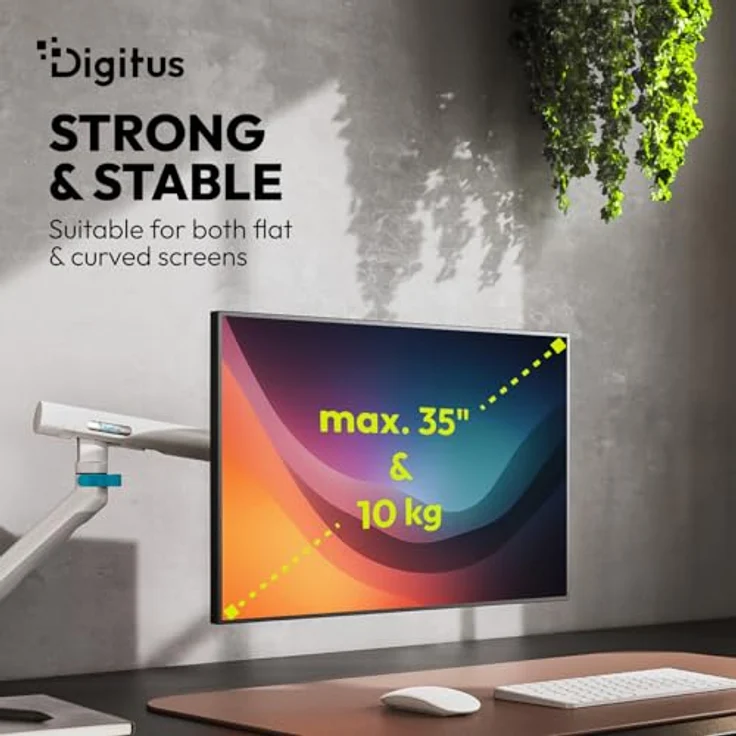 DIGITUS Monitor Halterung – für 1 Monitor bis 35 Zoll – mechanische Feder, 10 kg Traglast, VESA 75x75/100x100, Tischklemme, Design Serie, Weiß – Bild 4