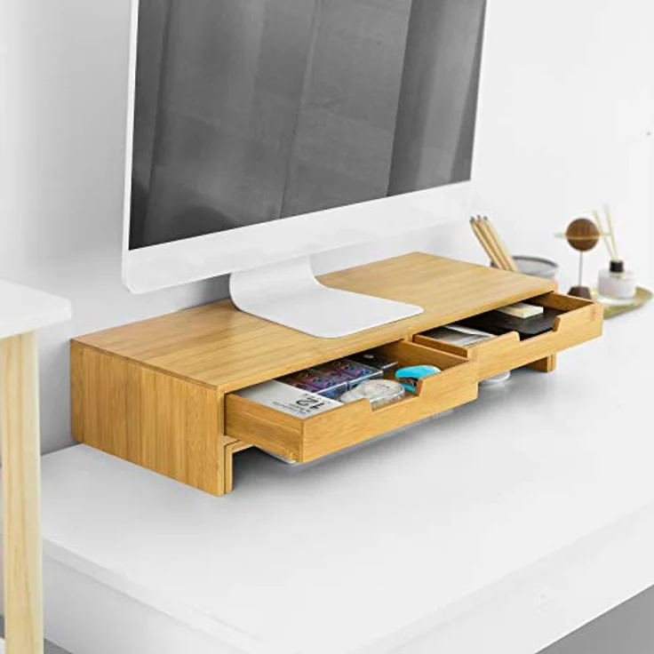 BBF04-N Design Monitorerhöhung für 2 Monitore Monitorständer Schreibtischaufsatz mit 2 Schubladen breitenverstellbar - Sobuy – Bild 5