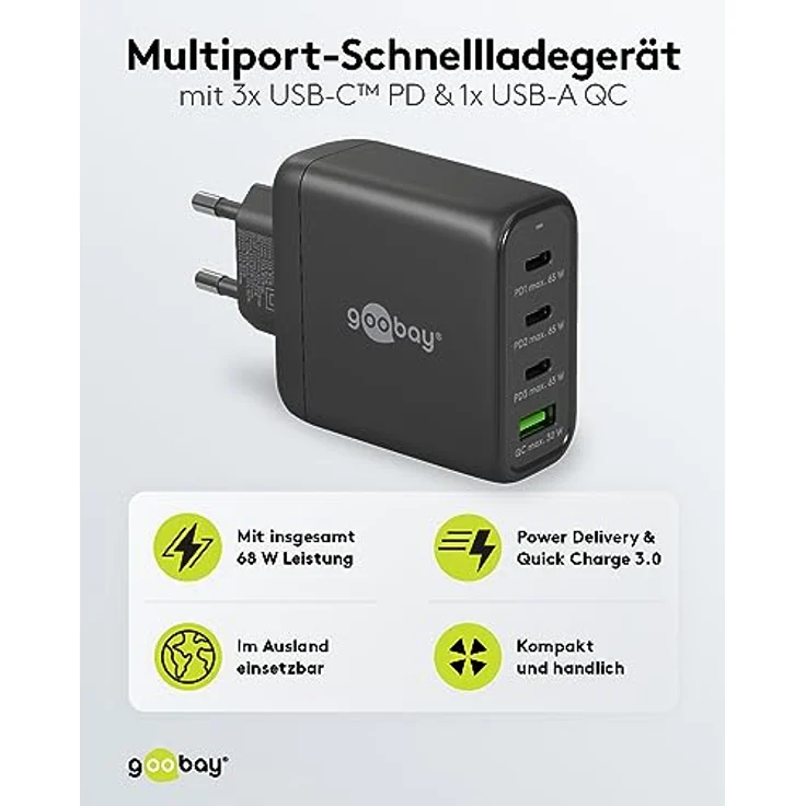 goobay 64819 USB C PD 4-Fach Multiport Schnellladegerät (65W) / 1x USB A 3X USB C Eingang/Power Delivery/Netzteil für Ladekabel vom iPhone und Anderen Handys/Handy Ladegerät/schwarz – Bild 2