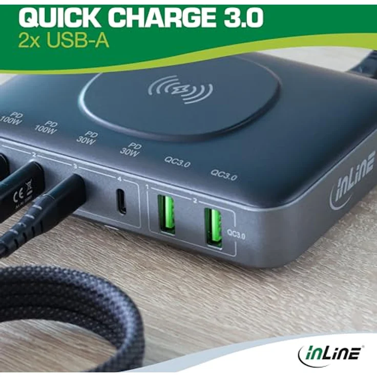 InLine® Qi Powerstation Multiport, 6-Port Netzteil & Ladegerät mit 100W, Wireless Charging, Schwarz – Bild 6
