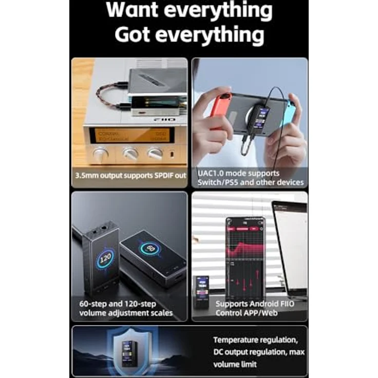 FiiO QX13, tragbarer USB-DAC Kopfhörerverstärker mit Bass Boost und 120 Lautstärkenstufen, Schwarz – Bild 7