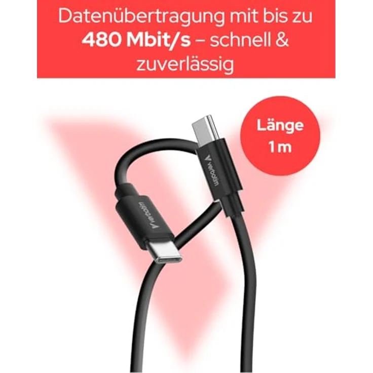 Verbatim Essentials USB-C Kabel, 2er Pack, 1,0m, USB 2.0, 480Mbit/s, 60W PD, Schwarz und Weiß – Bild 3