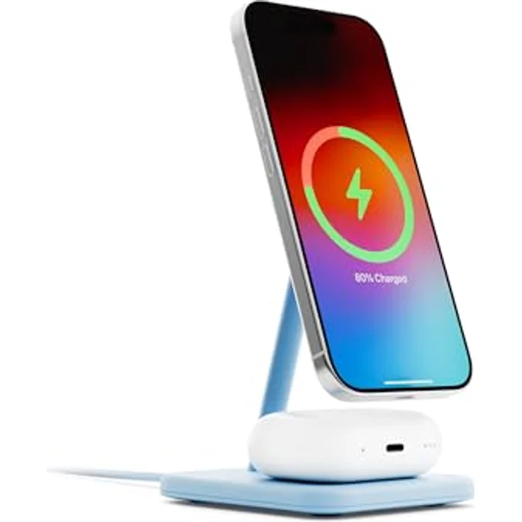 Twelve South HiRise 2 Deluxe, Kabelloser Ladeständer mit 15W Qi2 Magnetladegerät, 5W Ladeplatz und verstellbarer 70-Grad-Neigung, Glacier Blue – Bild 4