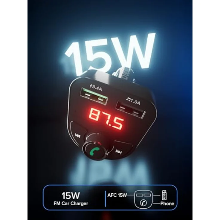 SBS TECARFM2USB KFZ Ladegerät mit FM-Transmitter, 15 W, kabelloses Aufladen, Schwarz – Bild 2