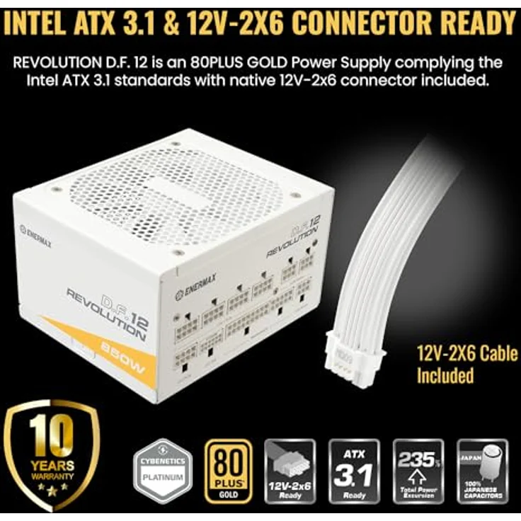 ENERMAX Revolution D.F. 12 ATX3.1 PCI-e 5.1 Ultrakompakt 850W Netzteil 80Plus Gold Snow White (Vollmodular, 50% Semi-Fanless, 12V-2x6); ETV850G-W, weiß – Bild 5
