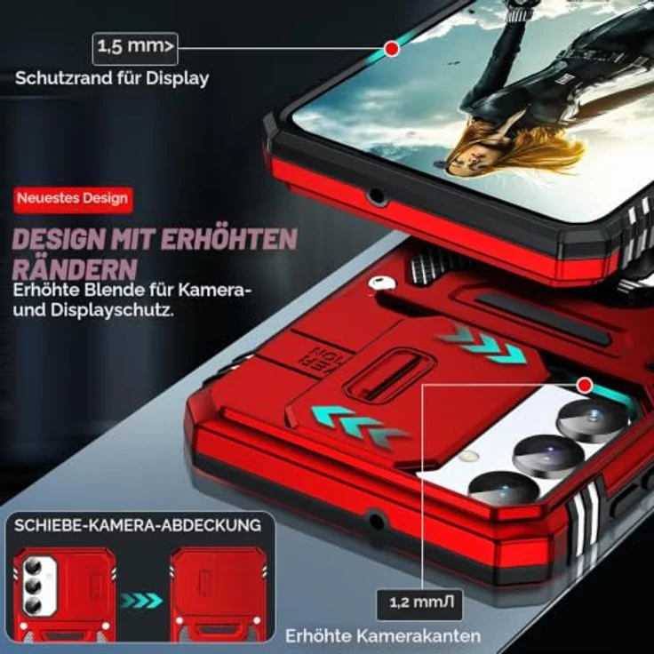 LeYi Handyhülle für Samsung Galaxy A17 5G mit 2 Glasfolien, militärischer Schutz, stoßfest, Kameraschutz und Ständer, rot – Bild 3