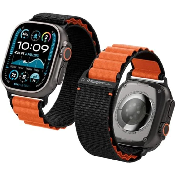 Spigen Basis-Stoffarmband mit Hakenverschluss, kompatibel mit Apple Watch Ultra 2/1 49mm, Serie 11/10 46mm, 9/8/7 45mm, SE2/SE/6/5/4 44mm - Schwarz Orange, hochwertiges und bequemes Design für ganztägigen Tragekomfort – Bild 1