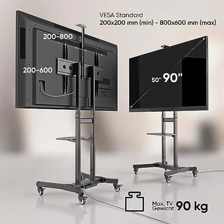 ONKRON Mobiler TV Ständer höhenverstellbar für 50” - 90” TVs bis zu 100 kg - Standfuss TV Ständer rollbar - VESA Standfuß 800x600 - Fernsehständer mit Rollen/TV Standfuß Schwarz TS1891-B – Bild 3