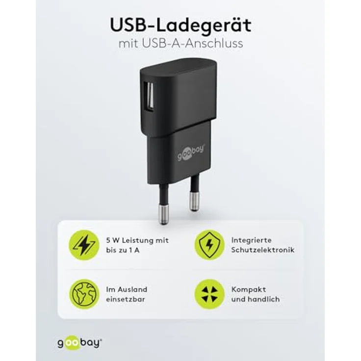 Goobay USB-Ladegerät Steckdose Ausgangsstrom (max.) 1A USB 2.0 Buchse A (44947) – Bild 2