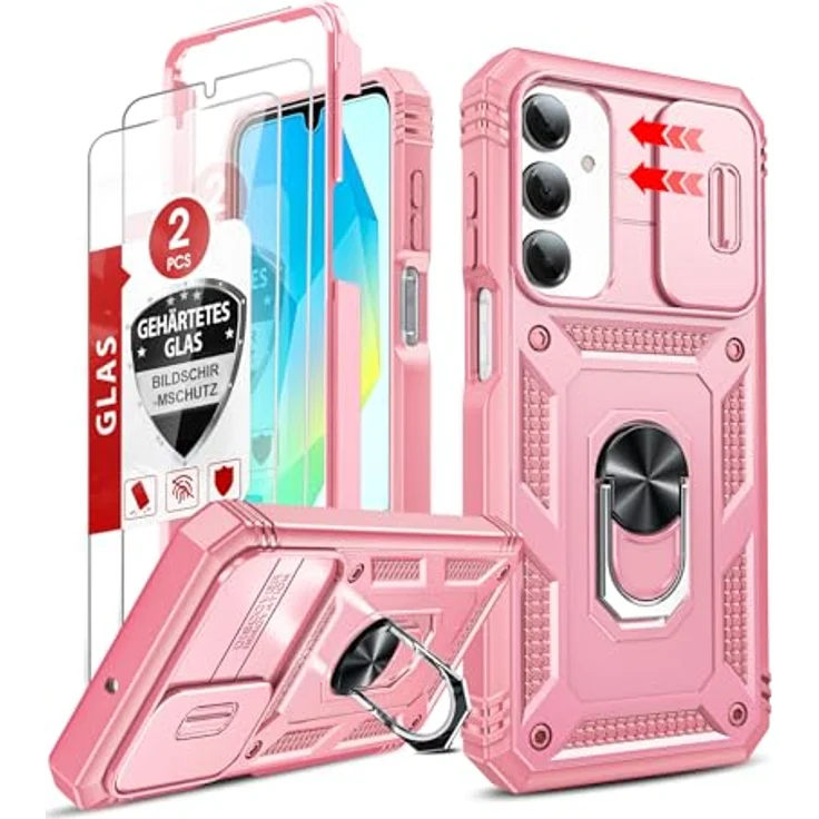 LeYi Militär Hülle für Samsung Galaxy A16 5G, Kamera Schieber Handyhülle mit 2 Displayschutz, kratzfest und stoßabsorbierend, Ringhalterung, Rosa – Bild 1