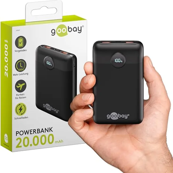 goobay Powerbank kompakt 20.000 mAh, externes Ladegerät, Power Bank für Smartphone, Tablet, Kopfhörer, Schwarz