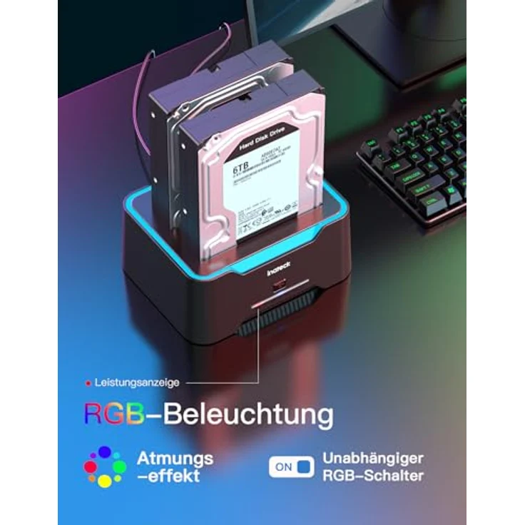 Inateck RGB SATA zu USB 3.0 Festplatten Docking Station mit Offline-Klonfunktion, für 2.5 und 3.5 Zoll SATA HDD und SSD, unterstützt UASP, SA02004, RGB-Beleuchtung, Hochgeschwindigkeits-Übertragung – Bild 2