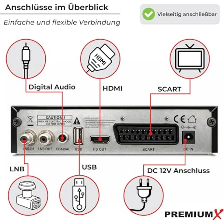 PremiumX FTA 522 HD, DVB-S2 Digital Satellitenreceiver, Unicable tauglich, HDMI & SCART, 2x USB Media Player, 12V FullHD, 4000 Sender Speicher, vorinstallierte deutsche Sender – Bild 4