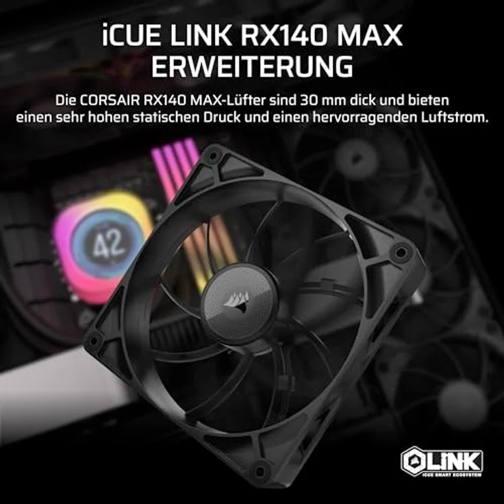 Corsair iCUE LINK RX140 MAX 140mm PWM Dicker Lüfter – Hochstatischer Druck – Liquid Crystal Polymer – Magnetisches Kuppellager – Einzelner Lüfter – Schwarz Gehäuselüfter – Bild 2