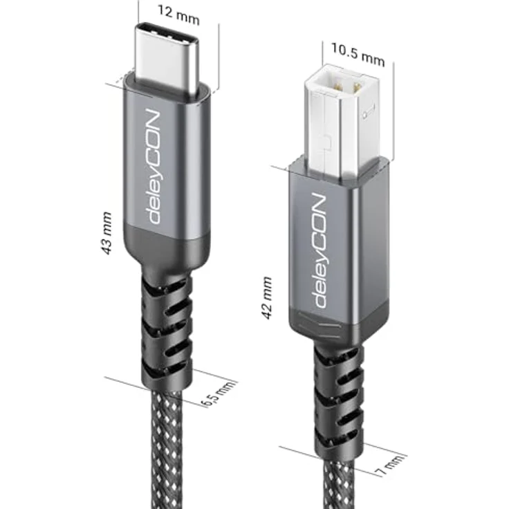 deleyCON 3,0m USB-C auf USB-B Druckerkabel, geflochten mit Metallsteckern, bis zu 480 Mbit/s, kompatibel mit HP, Samsung, Epson, Dell, Lexmark, Brother, Canon – Bild 3