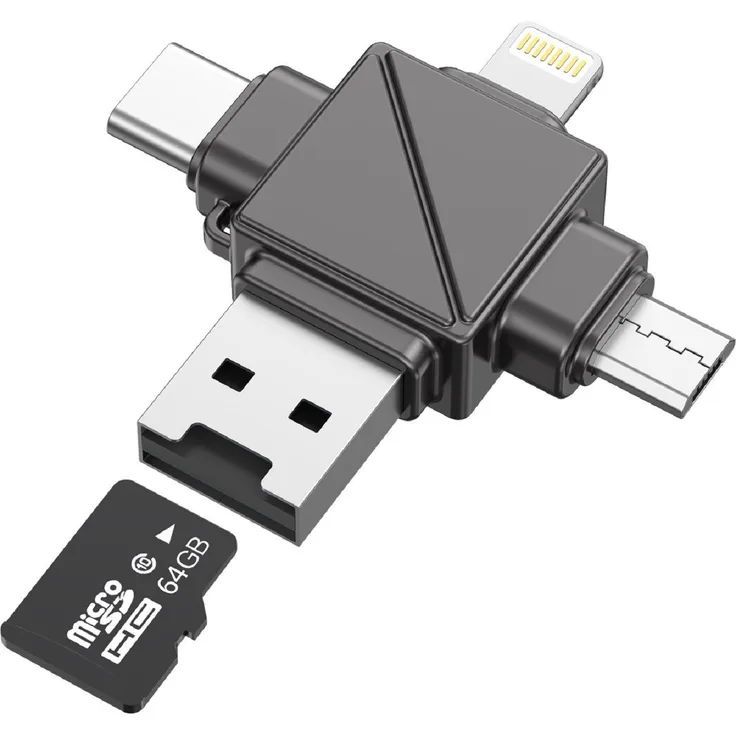 Xssive 4in1 Speicherkartenleser XSS-OT23, USB & USB-C Adapter mit hoher Übertragungsgeschwindigkeit, stoßfestes Design